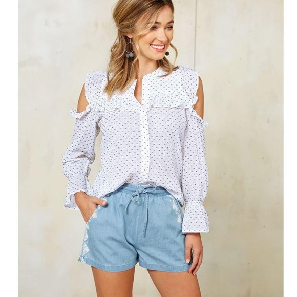 MUD PIE CLARISSA COLD SHOULDER BUTTON-DOWN TOP WHITE Blue Small NWT - Picture 1 of 8
